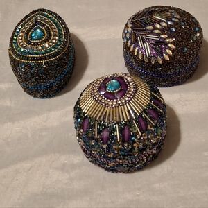 Peacock Themed Beaded Decorative Trinket Boxes-set Of 3